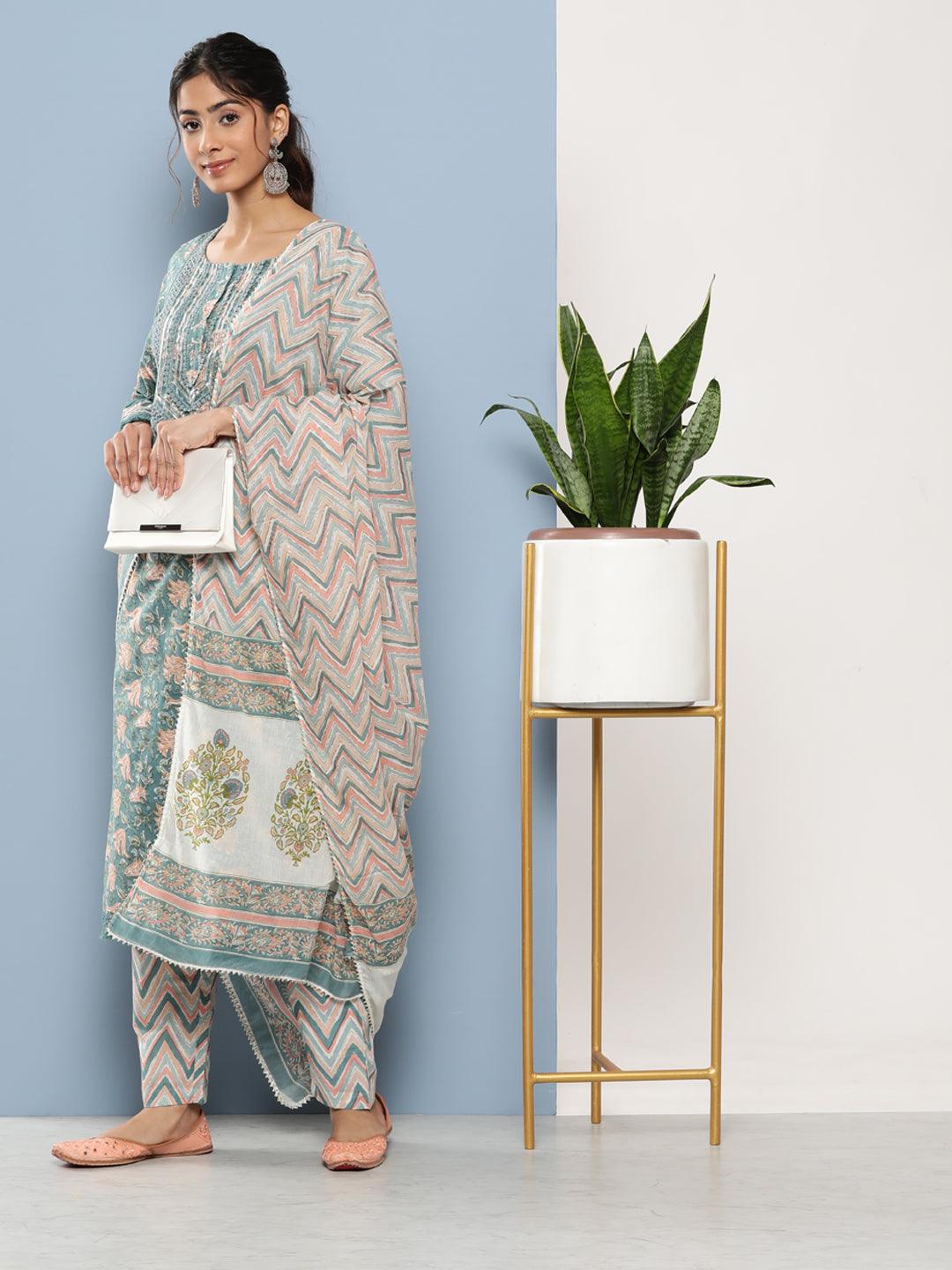 Divena Teal Blue Cotton Straight pant set with Dupatta