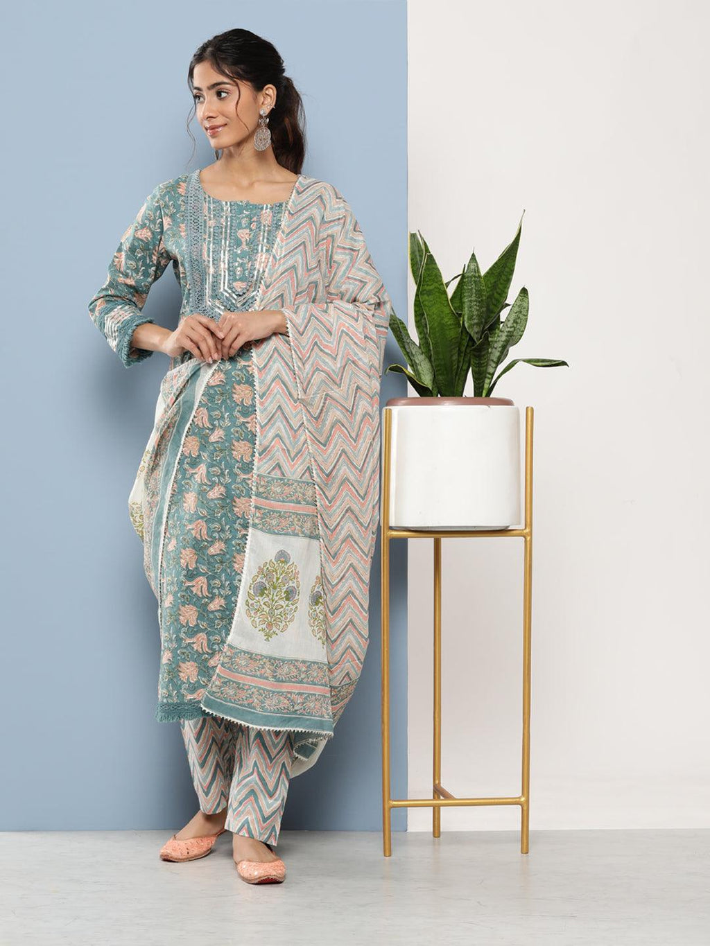Divena Teal Blue Cotton Straight pant set with Dupatta