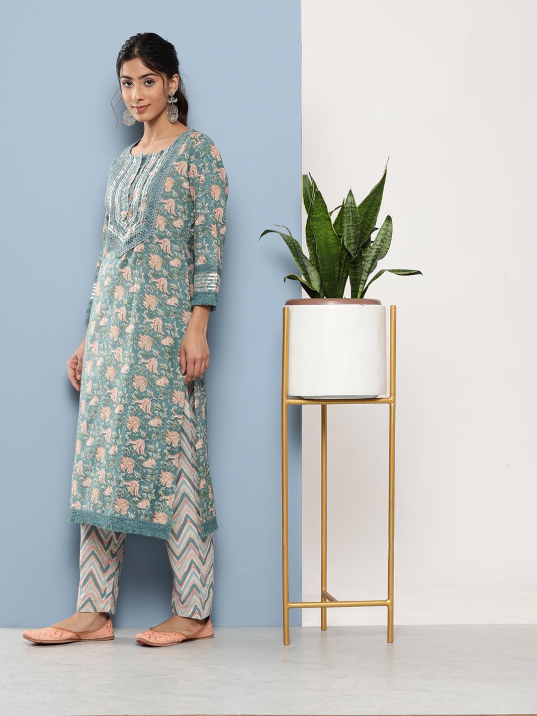 Divena Teal Blue Cotton Straight pant set with Dupatta