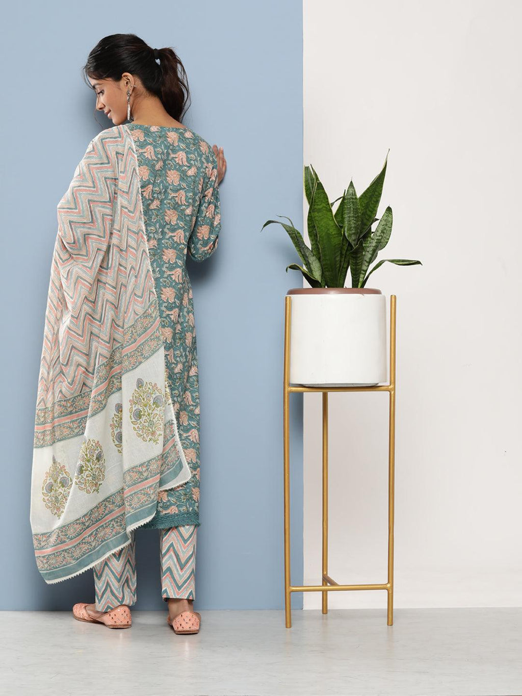 Divena Teal Blue Cotton Straight pant set with Dupatta