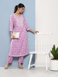 Divena Purple Gethered Floral Printed Kurta Pant Sets