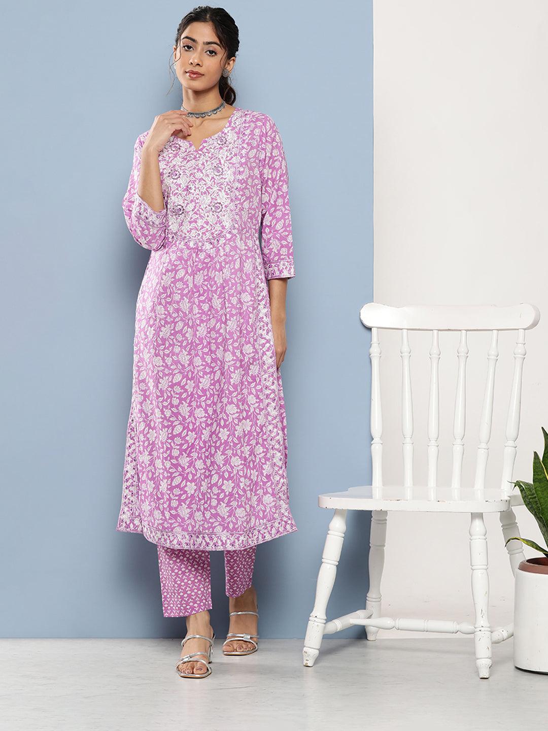 Divena Purple Gethered Floral Printed Kurta Pant Sets