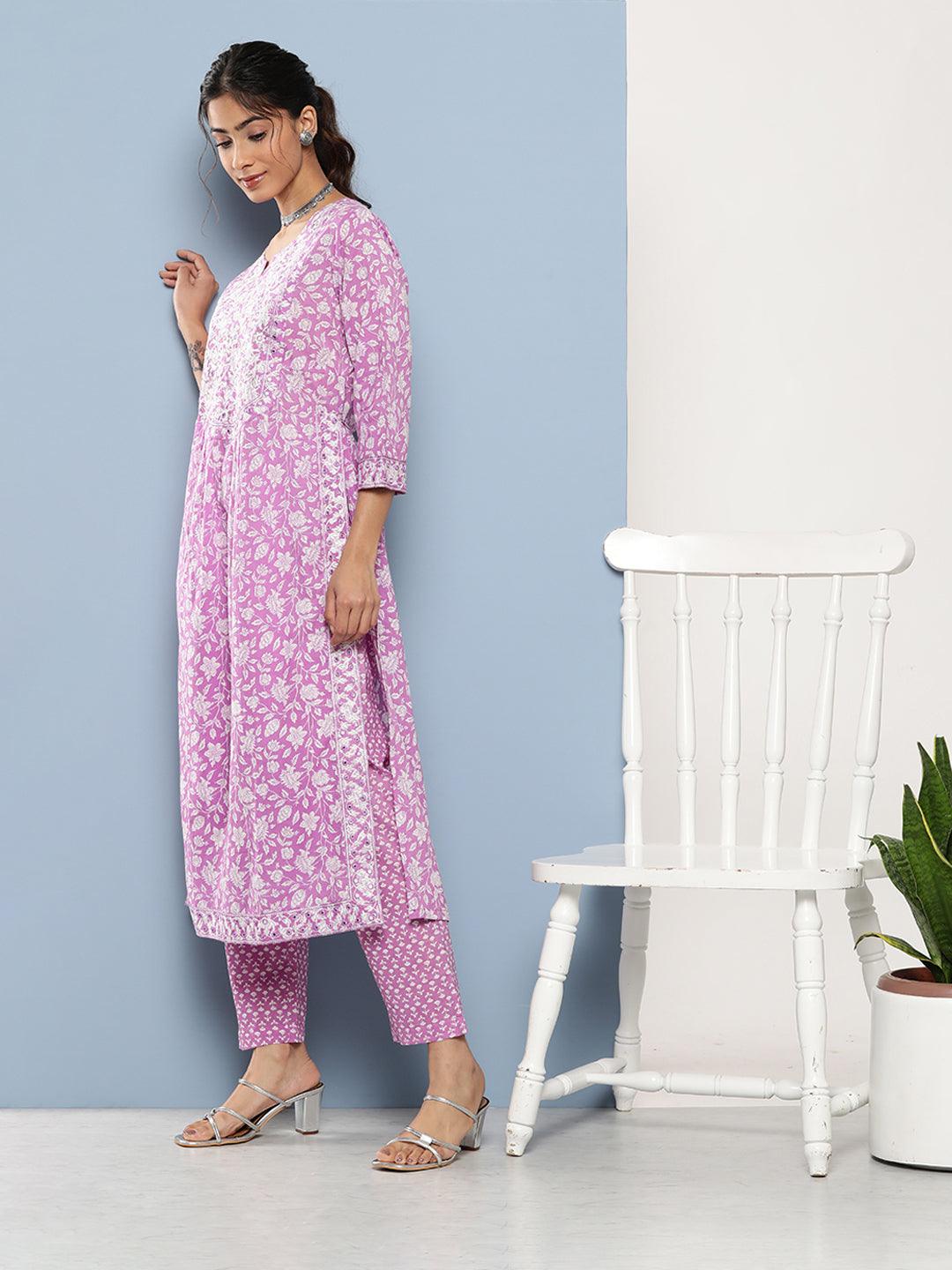 Divena Purple Gethered Floral Printed Kurta Pant Sets