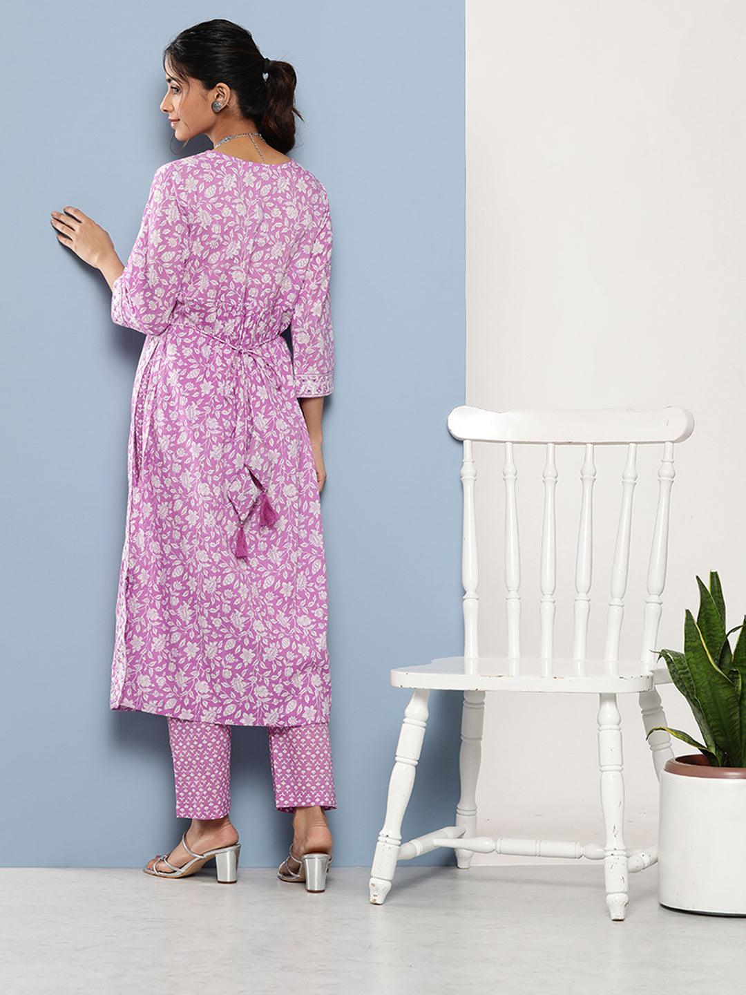 Divena Purple Gethered Floral Printed Kurta Pant Sets