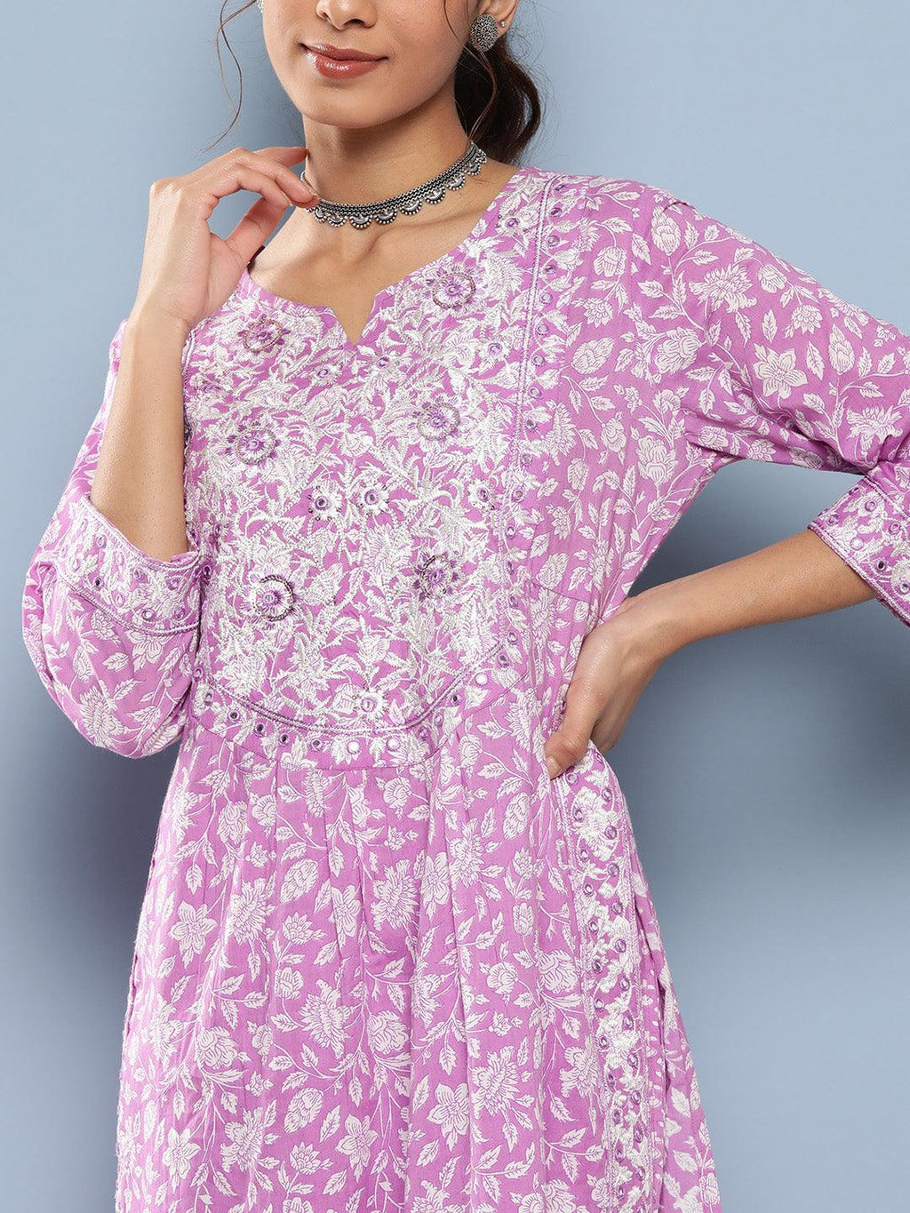Divena Purple Gethered Floral Printed Kurta Pant Sets