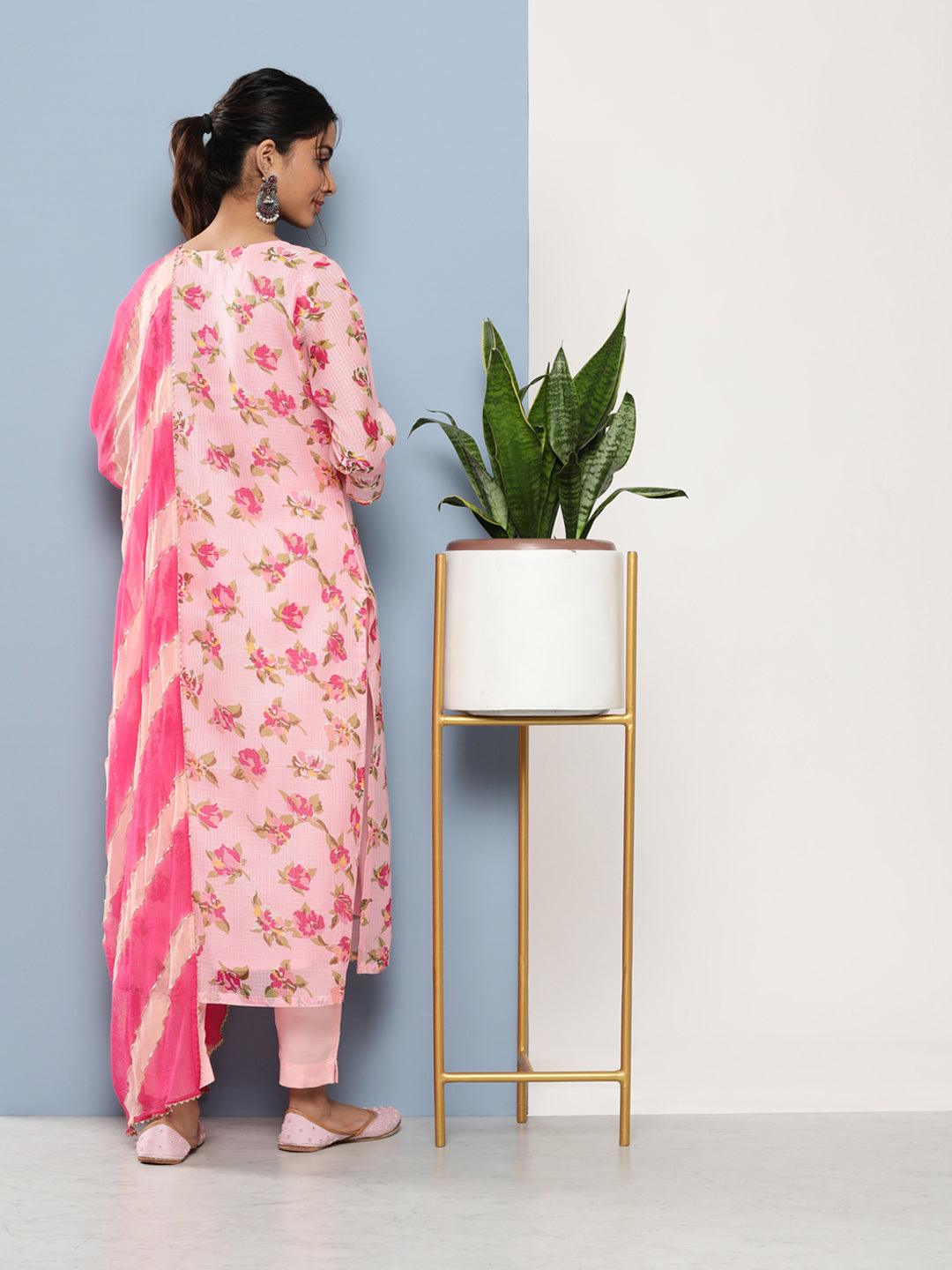 Divena Pink Kota Doria Floral Printed Kurta Pant Dupatta Sets
