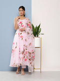 Divena Pink Hand Painted Floral Organza Anarkali Kurta Pant Set with Dupatta