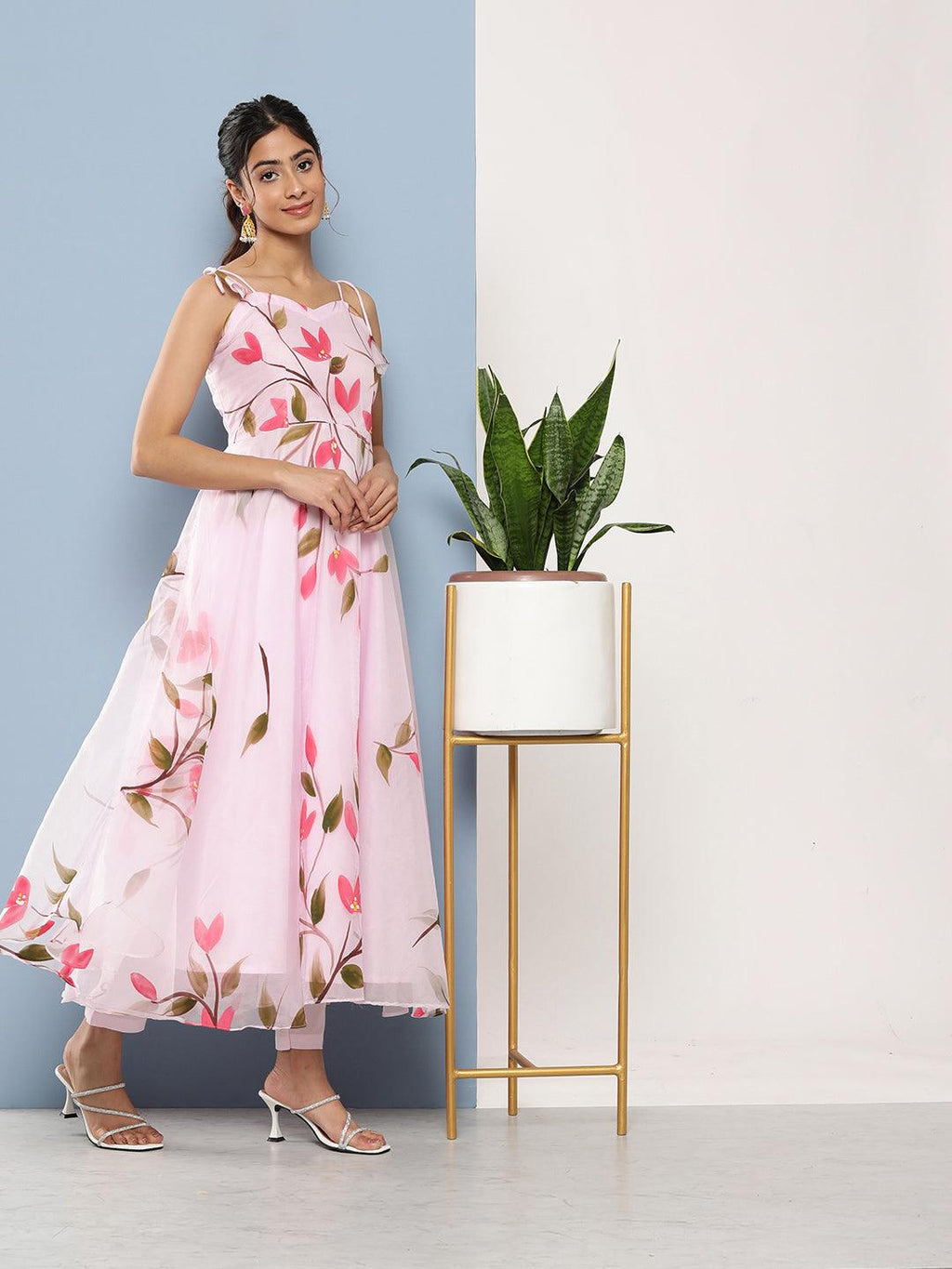 Divena Pink Hand Painted Floral Organza Anarkali Kurta Pant Set with Dupatta