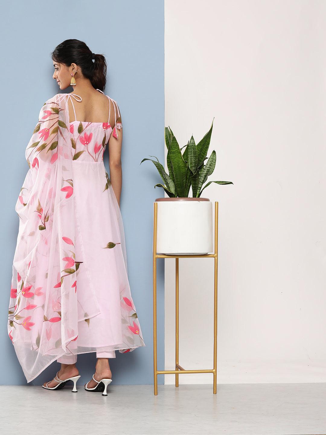 Divena Pink Hand Painted Floral Organza Anarkali Kurta Pant Set with Dupatta
