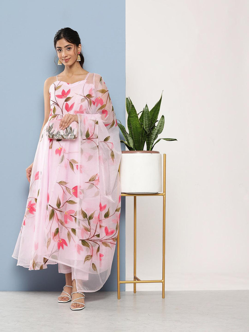 Divena Pink Hand Painted Floral Organza Anarkali Kurta Pant Set with Dupatta