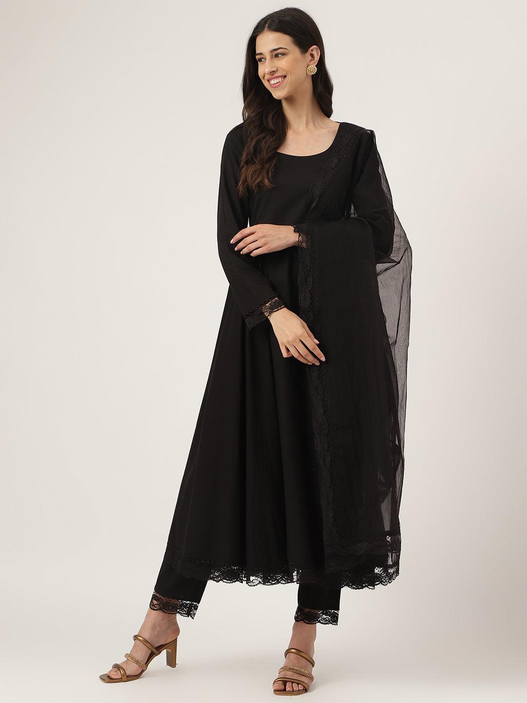 Divena Black Solid Anarkali Kurta Pant set with Dupatta