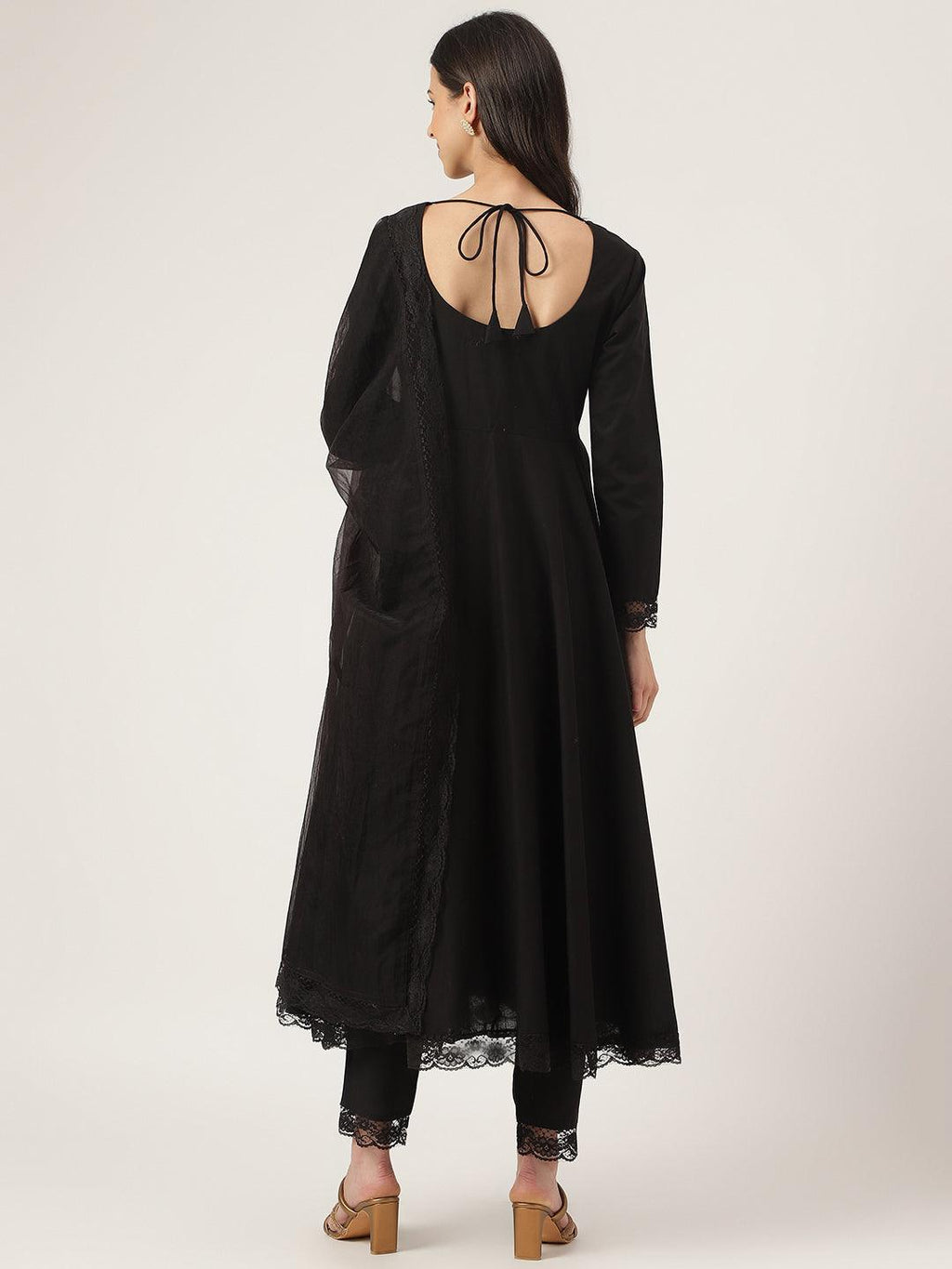 Divena Black Solid Anarkali Kurta Pant set with Dupatta