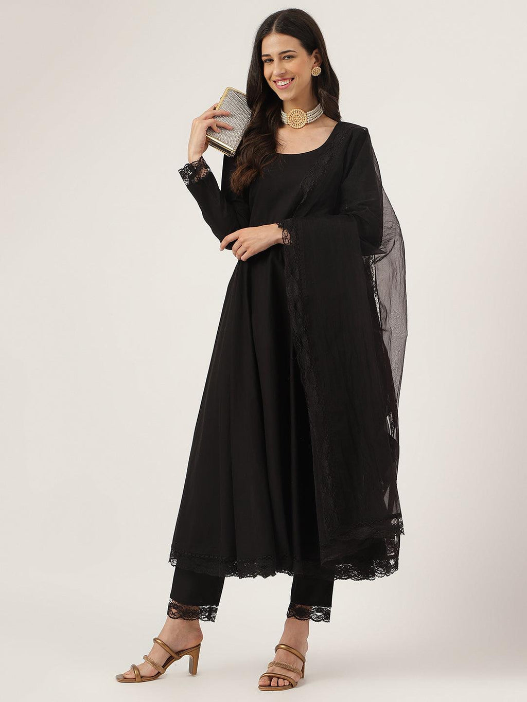 Divena Black Solid Anarkali Kurta Pant set with Dupatta