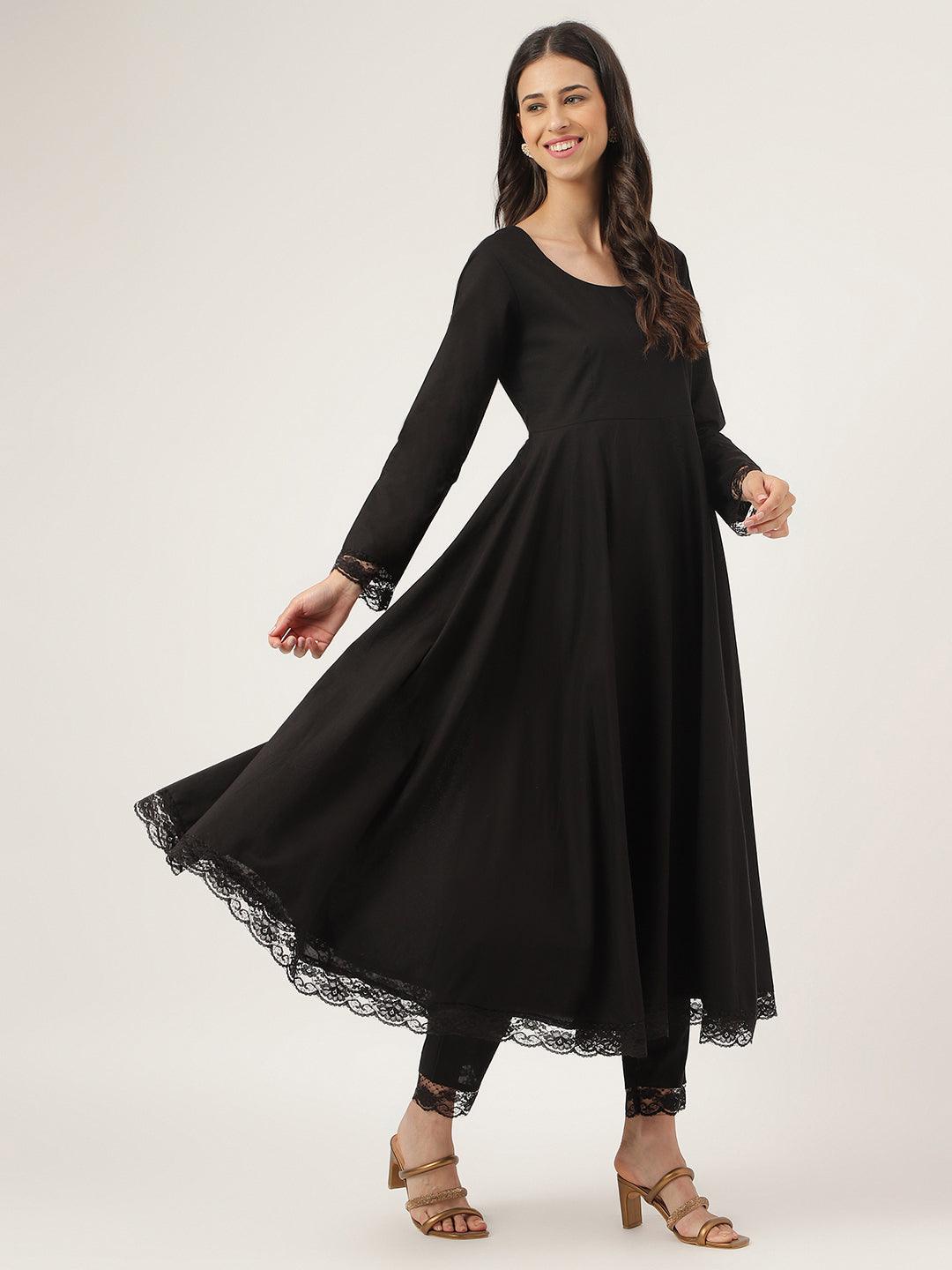 Divena Black Solid Anarkali Kurta Pant set with Dupatta