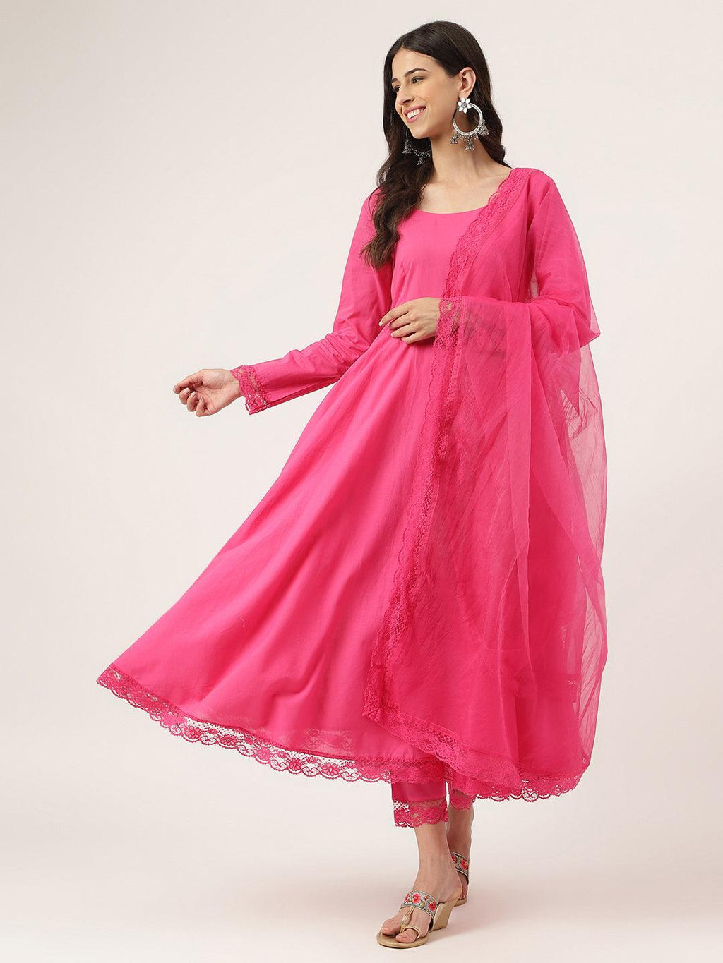 Divena Pink Solid Anarkali Kurta Pant set with Dupatta