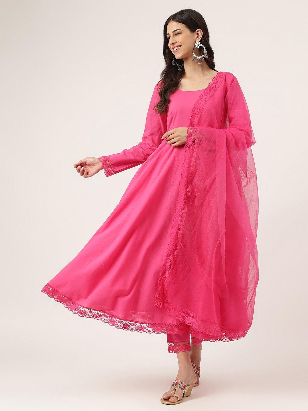 Divena Pink Solid Anarkali Kurta Pant set with Dupatta