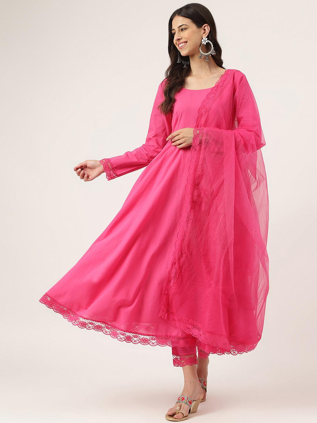 Divena Pink Solid Anarkali Kurta Pant set with Dupatta