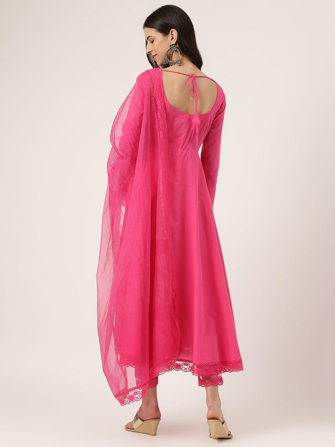 Divena Pink Solid Anarkali Kurta Pant set with Dupatta