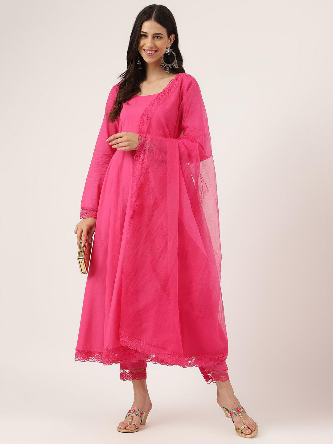 Divena Pink Solid Anarkali Kurta Pant set with Dupatta