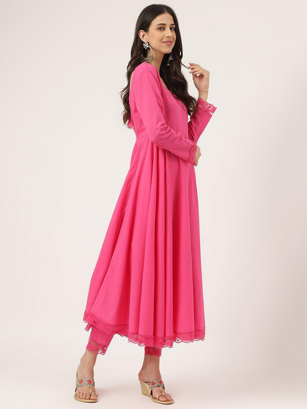 Divena Pink Solid Anarkali Kurta Pant set with Dupatta