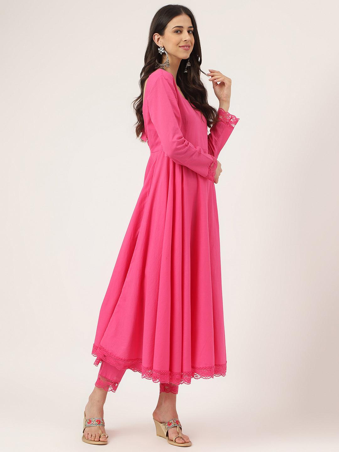 Divena Pink Solid Anarkali Kurta Pant set with Dupatta