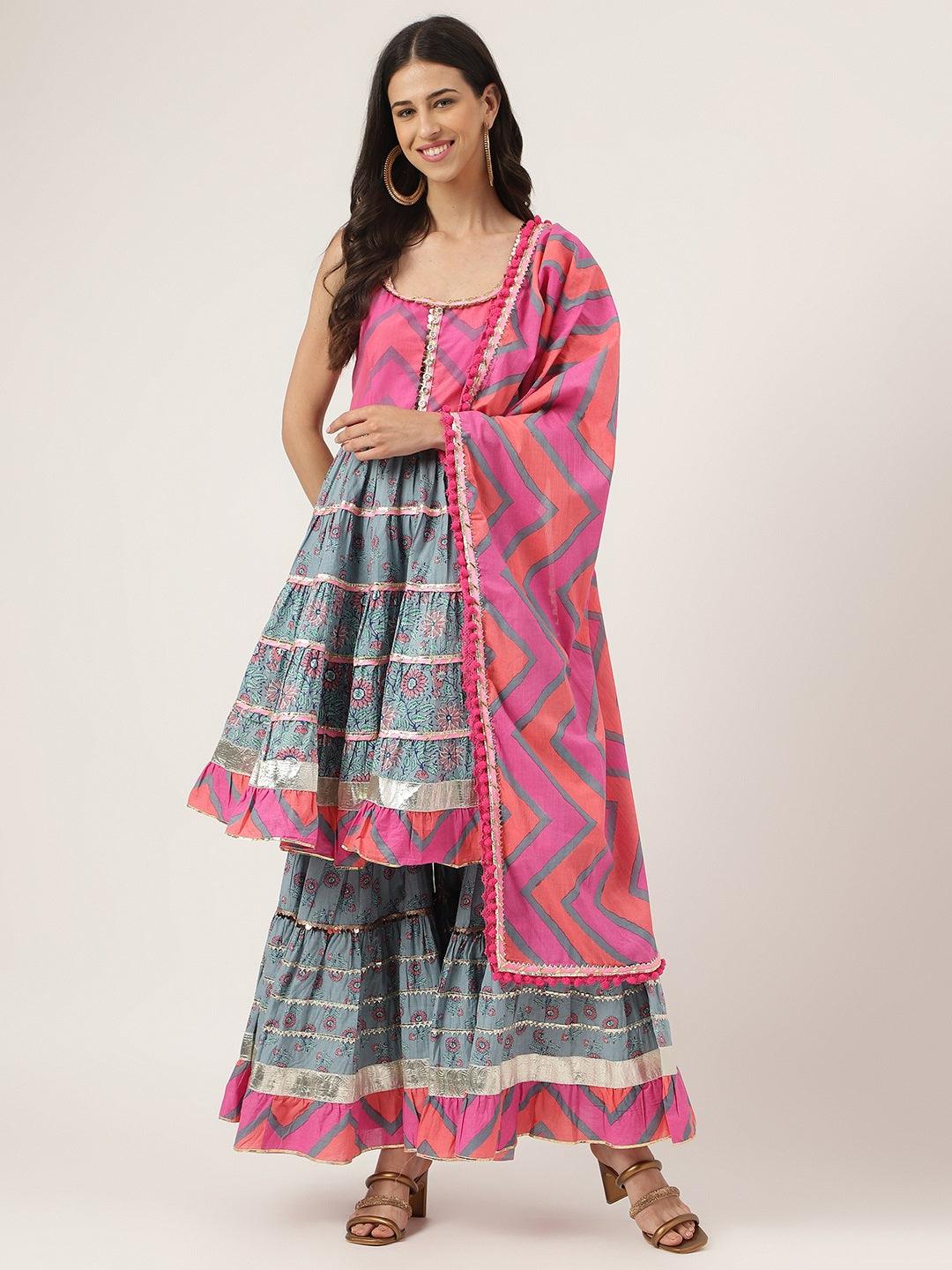 Divena Turquoise Blue Cotton Sleeves less Anarkali Sharara set with Dupatta