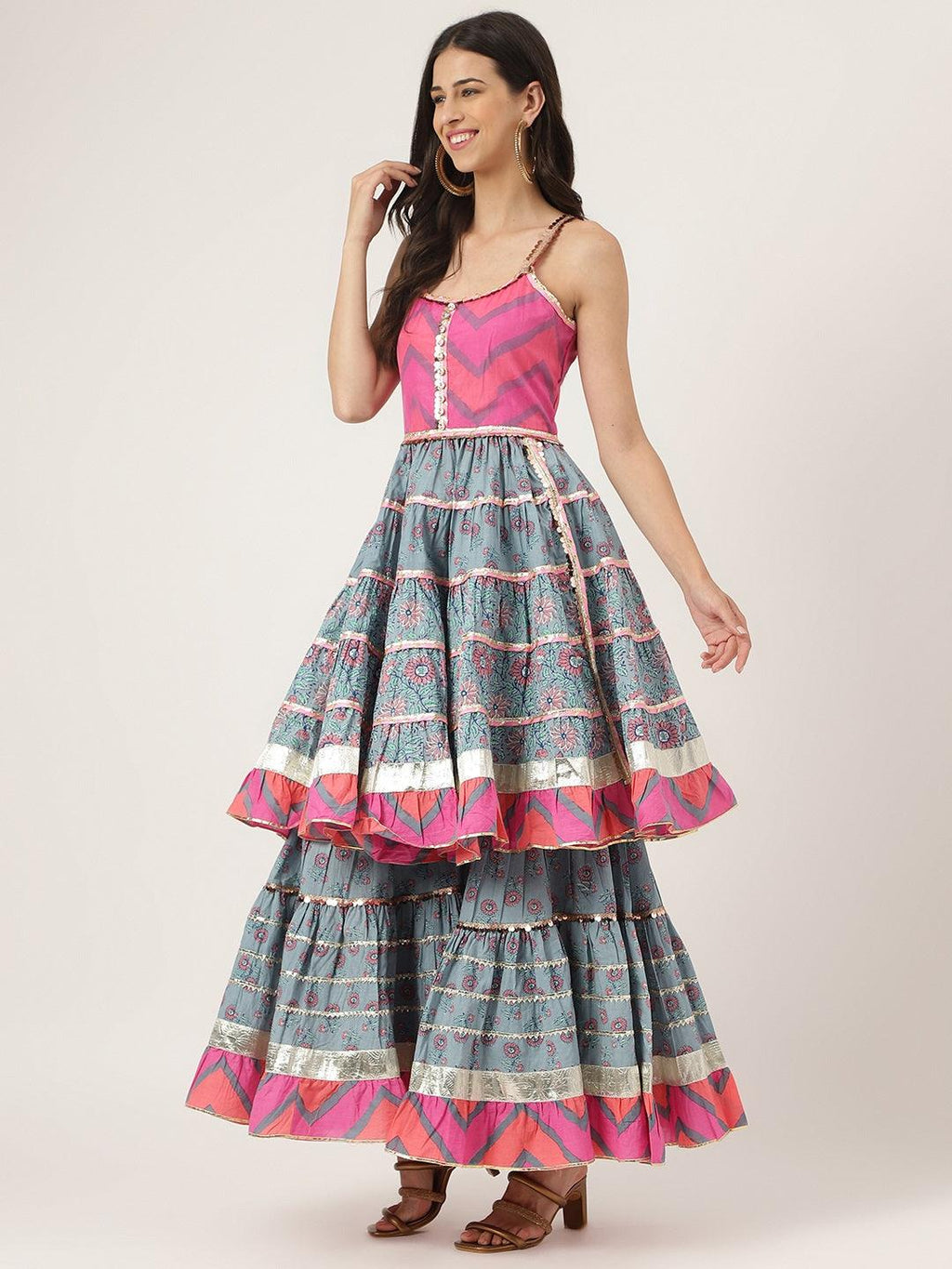 Divena Turquoise Blue Cotton Sleeves less Anarkali Sharara set with Dupatta