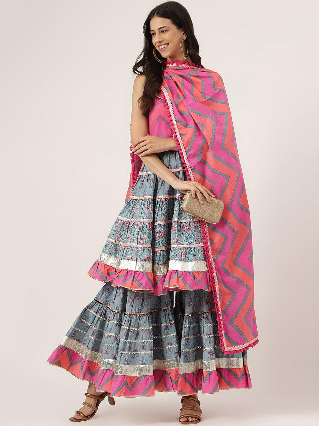 Divena Turquoise Blue Cotton Sleeves less Anarkali Sharara set with Dupatta
