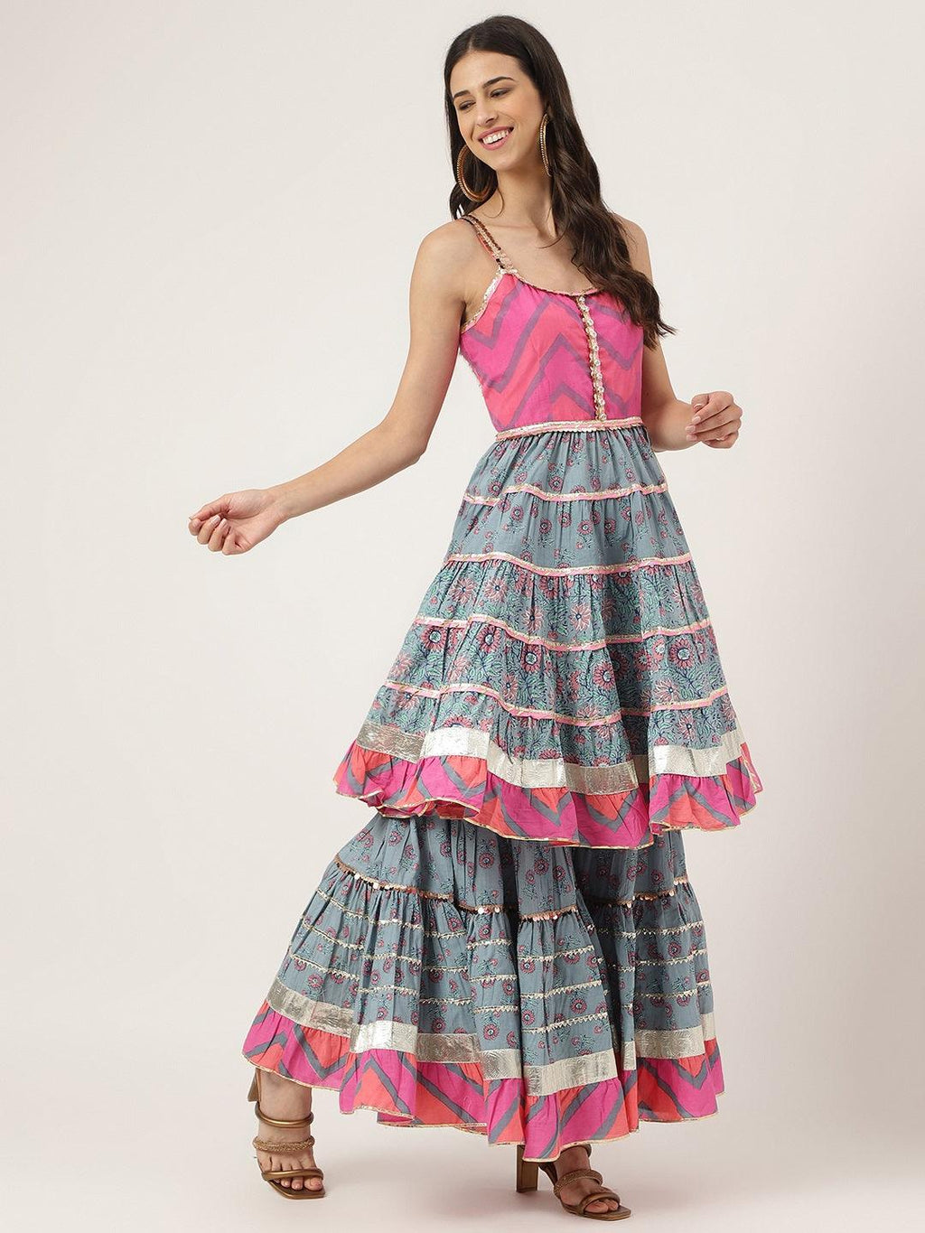 Divena Turquoise Blue Cotton Sleeves less Anarkali Sharara set with Dupatta