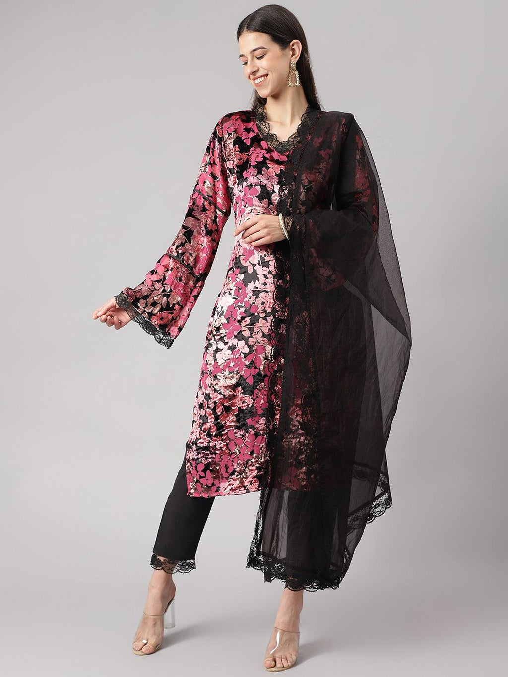 Divena Pink Burn out Velvet Kurta Harem Pant with Organza Dupatta