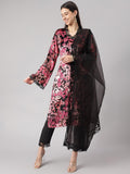 Divena Pink Burn out Velvet Kurta Harem Pant with Organza Dupatta