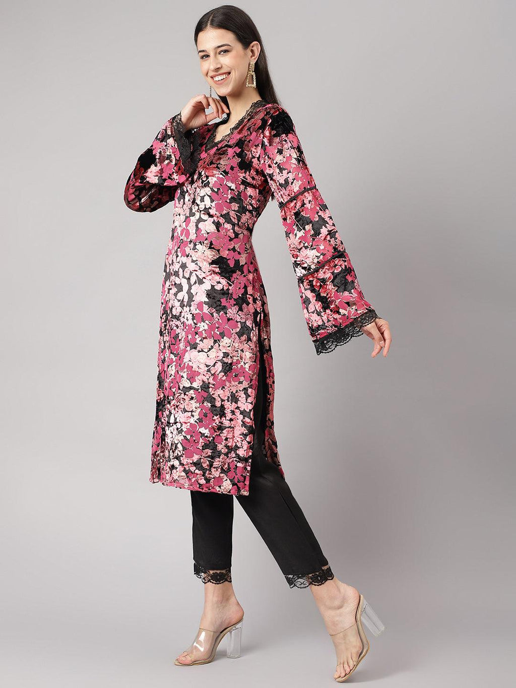 Divena Pink Burn out Velvet Kurta Harem Pant with Organza Dupatta