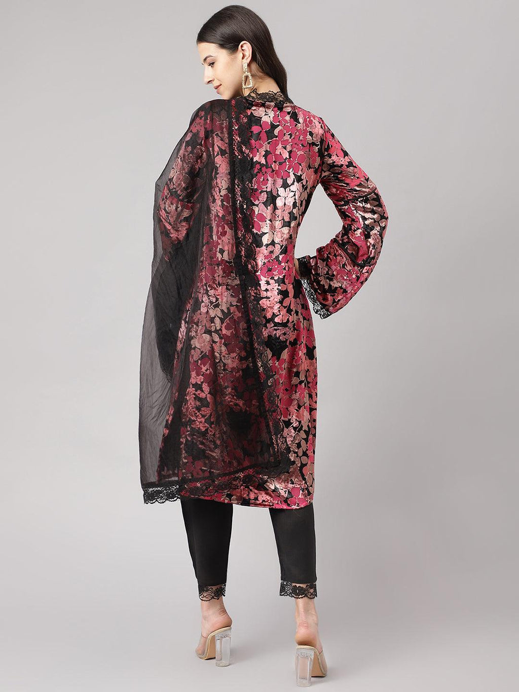 Divena Pink Burn out Velvet Kurta Harem Pant with Organza Dupatta