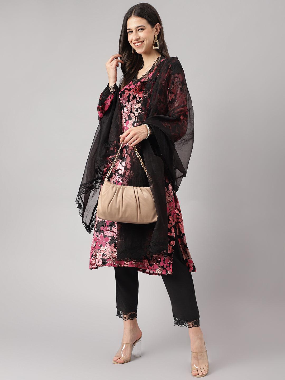 Divena Pink Burn out Velvet Kurta Harem Pant with Organza Dupatta
