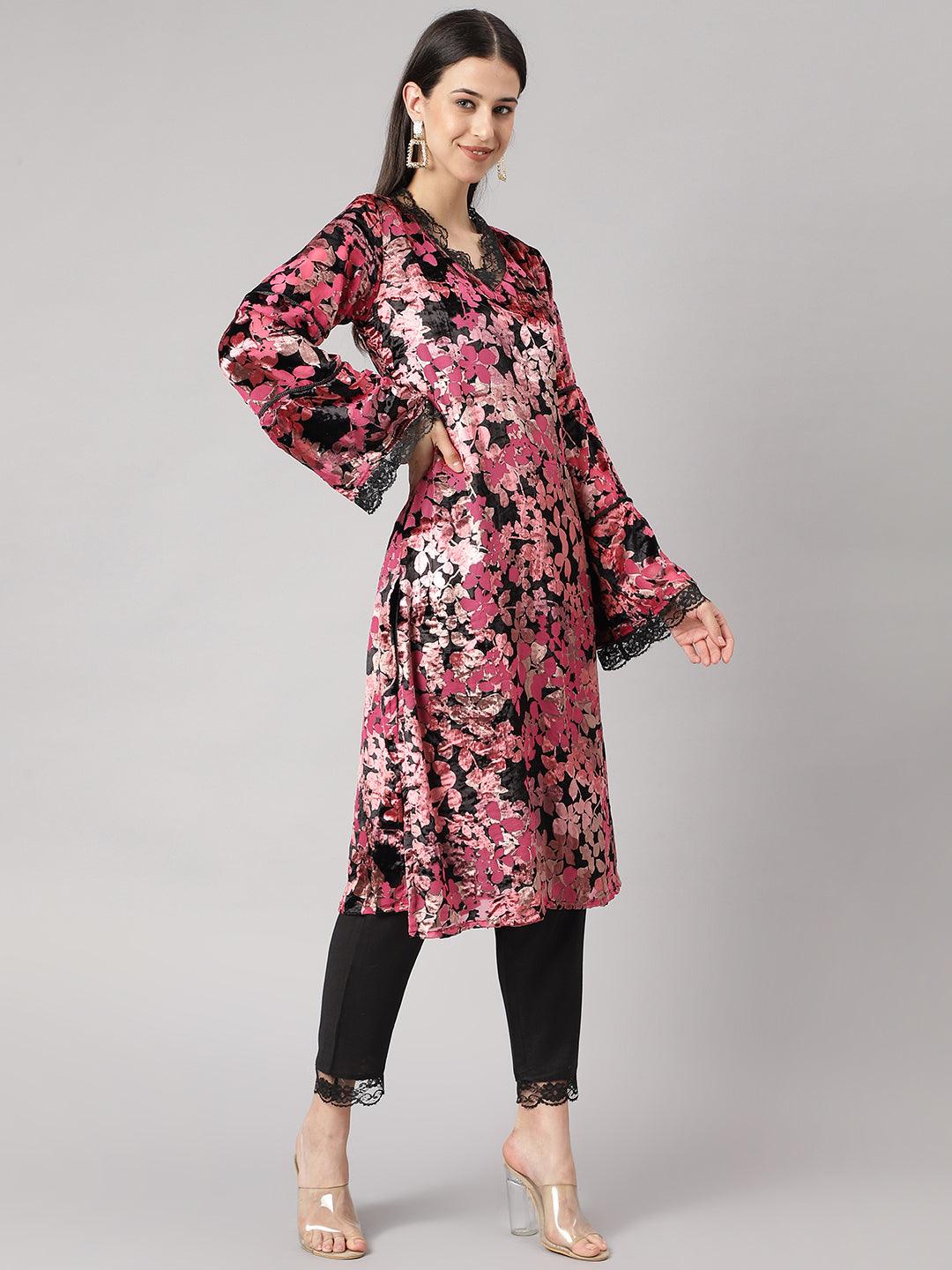 Divena Pink Burn out Velvet Kurta Harem Pant with Organza Dupatta