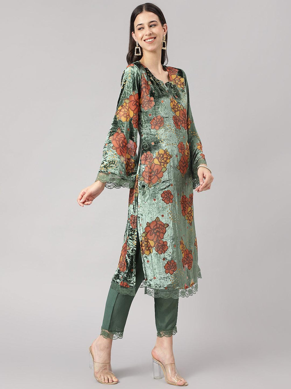 Divena Green Burn out Velvet Kurta Harem Pant with Organza Dupatta
