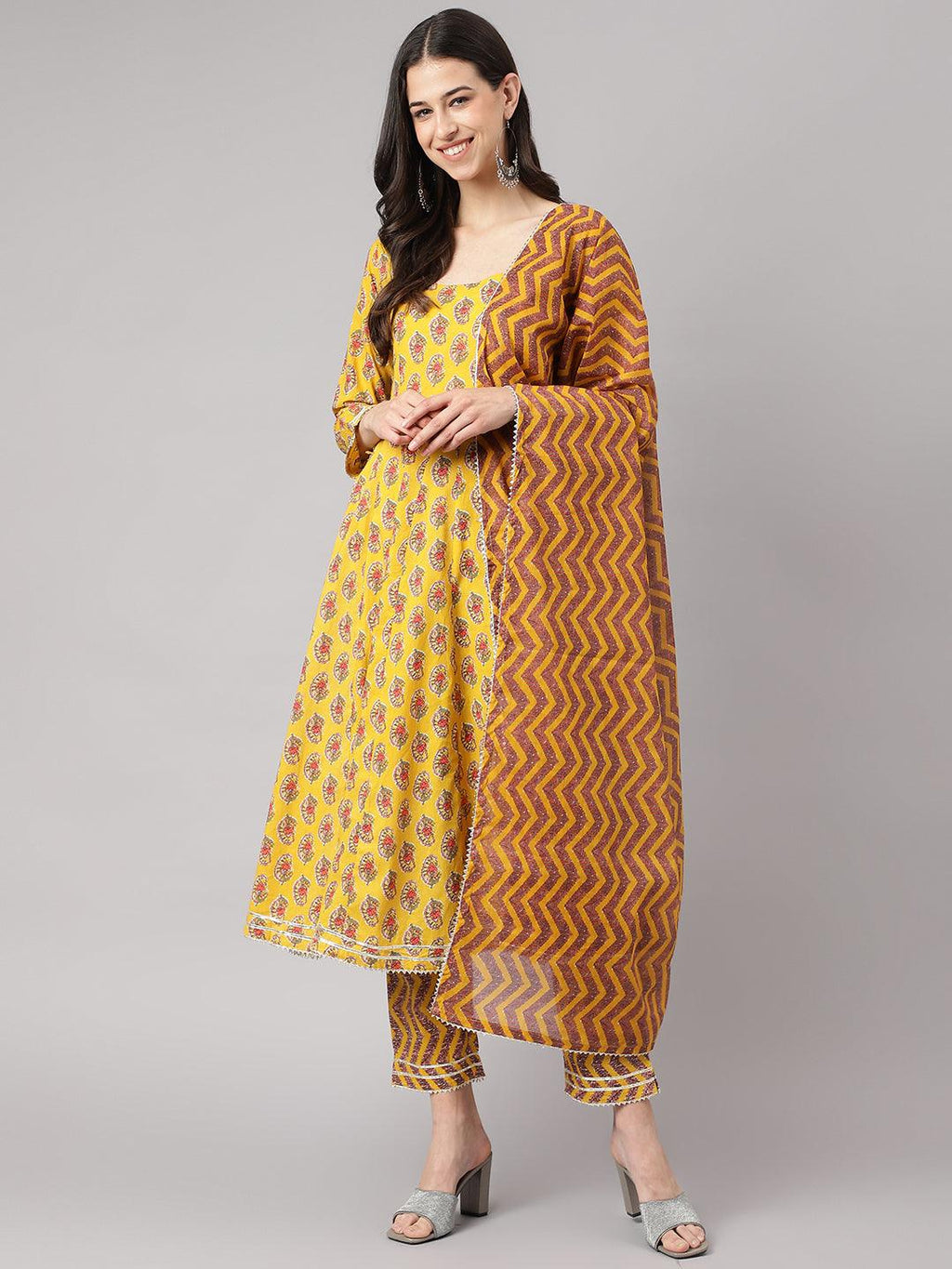 Divena Yellow Cotton Anarkali Kurta Pant Set with Dupatta