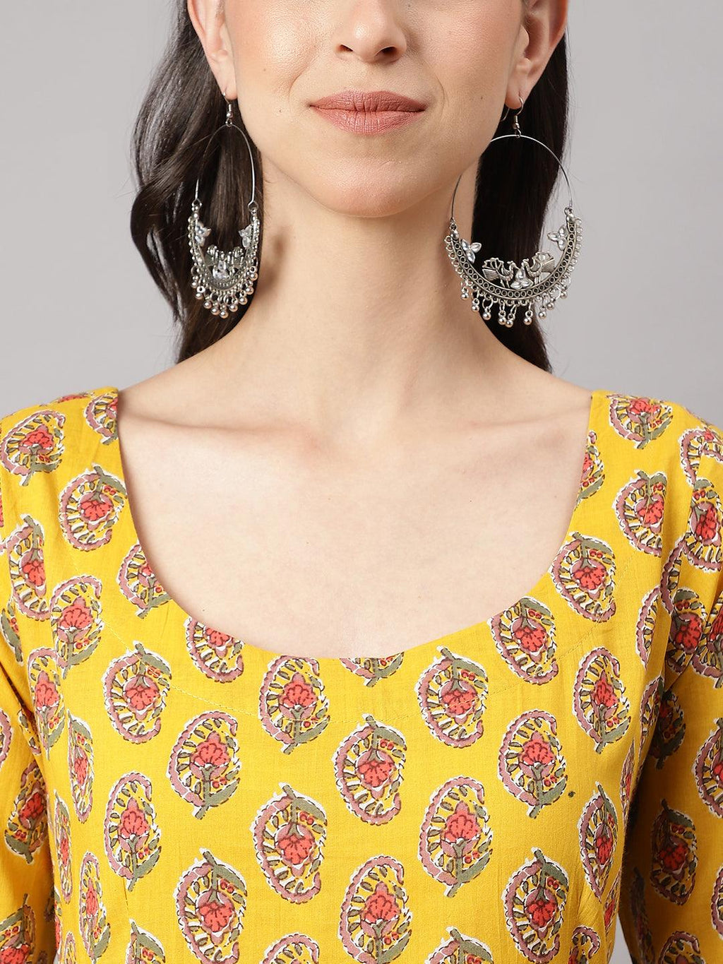 Divena Yellow Cotton Anarkali Kurta Pant Set with Dupatta