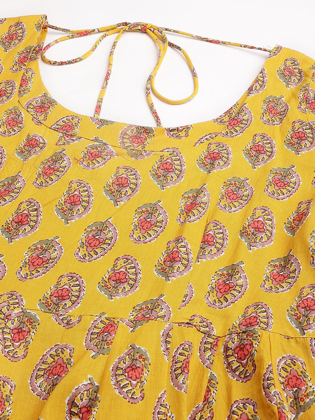 Divena Yellow Cotton Anarkali Kurta Pant Set with Dupatta