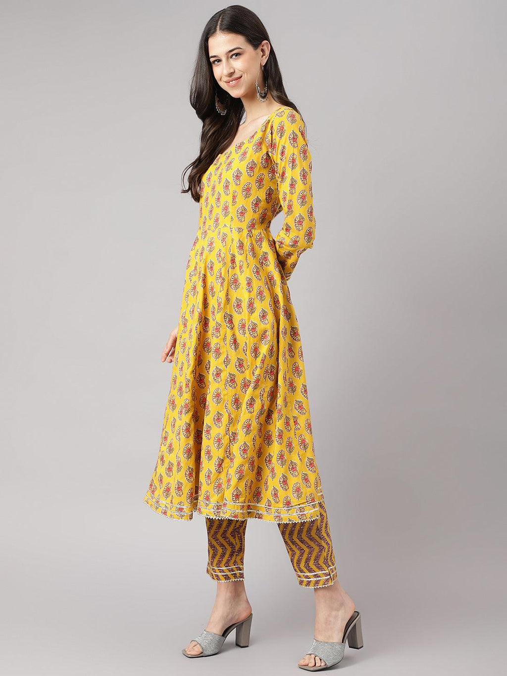 Divena Yellow Cotton Anarkali Kurta Pant Set with Dupatta