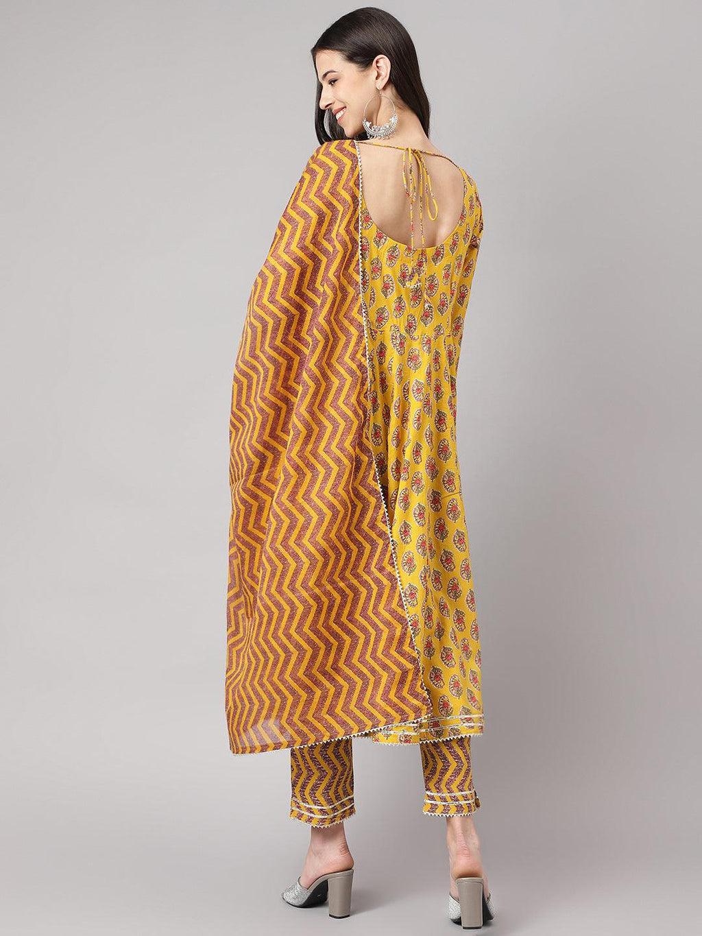 Divena Yellow Cotton Anarkali Kurta Pant Set with Dupatta