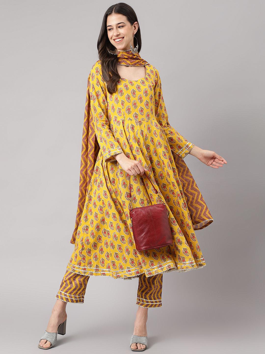 Divena Yellow Cotton Anarkali Kurta Pant Set with Dupatta