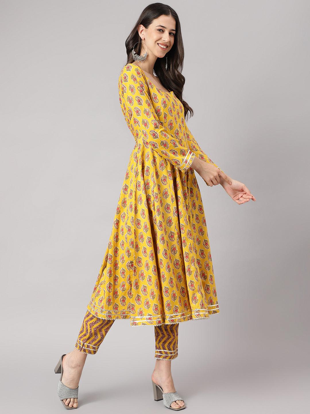 Divena Yellow Cotton Anarkali Kurta Pant Set with Dupatta