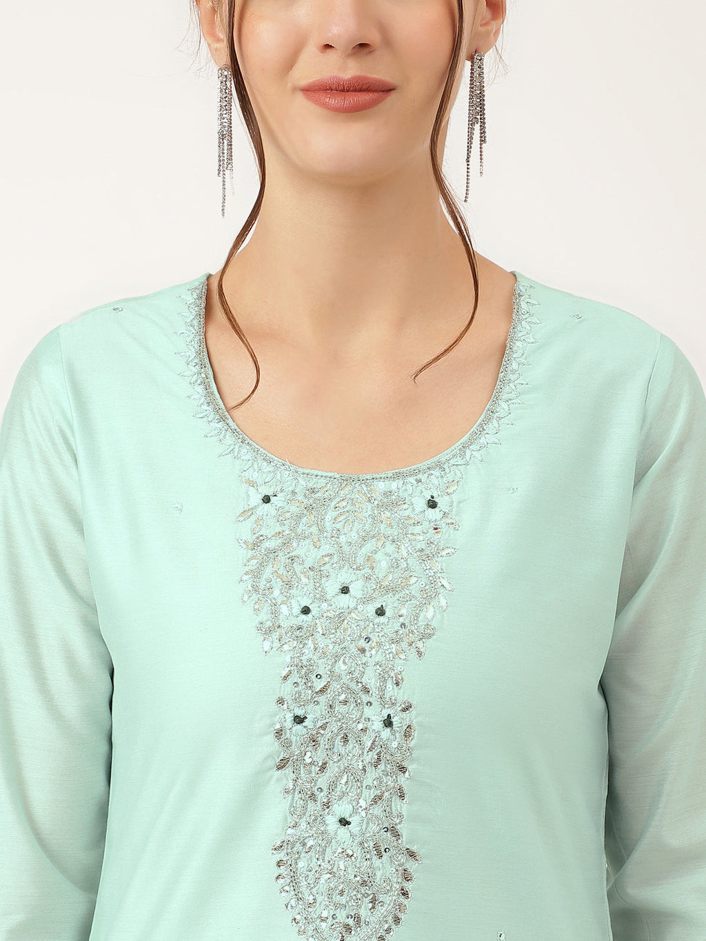 Divena Sea Green Embroidered Chanderi  Kurta, Trouser With Dupatta