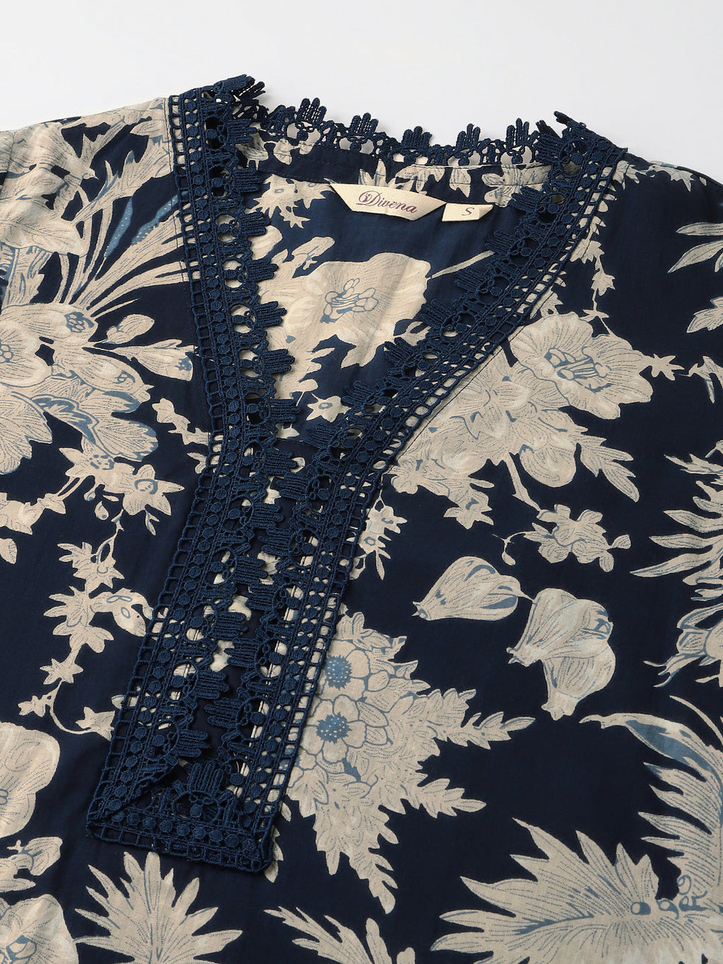 Divena Navy Blue Floral Print Cotton Kurta Trouser With Dupatta