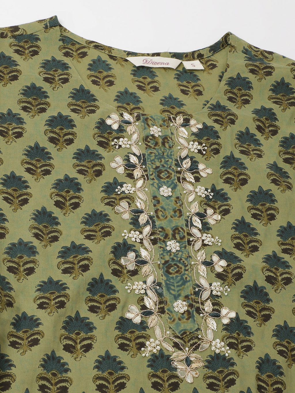 Divena Green Floral Print Cotton Embroidered Kurta set with Dupatta