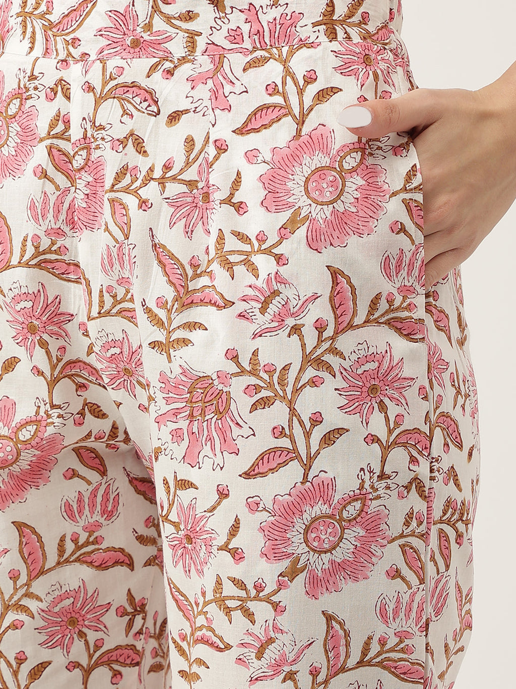 Divena Pink Floral HandBlock Printed Cotton Anarkali Kurta, trouser with Dupatta Set