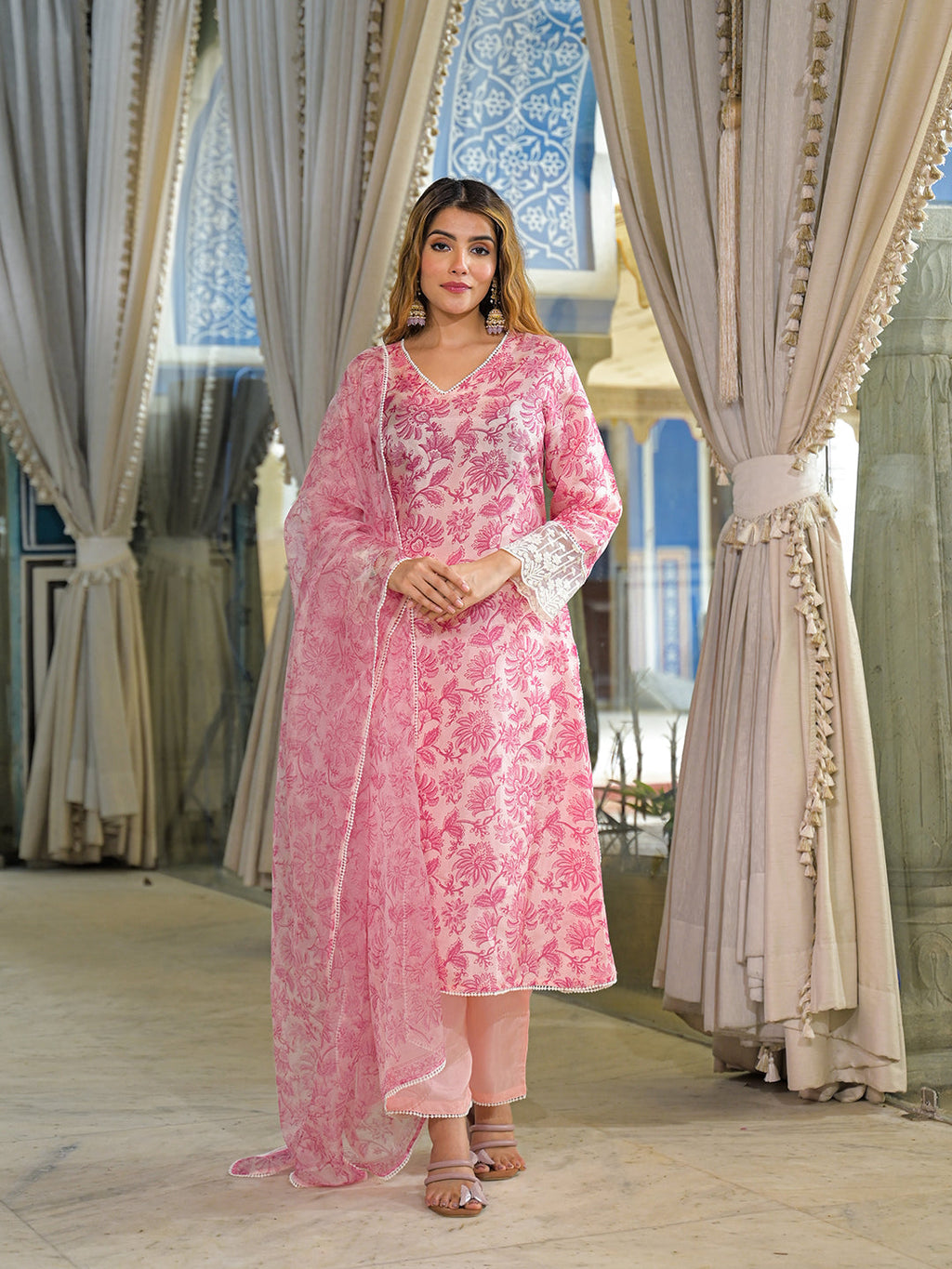 Divena Pink Hand Block Tussar Silk Straight Kurta Pant With Dupatta