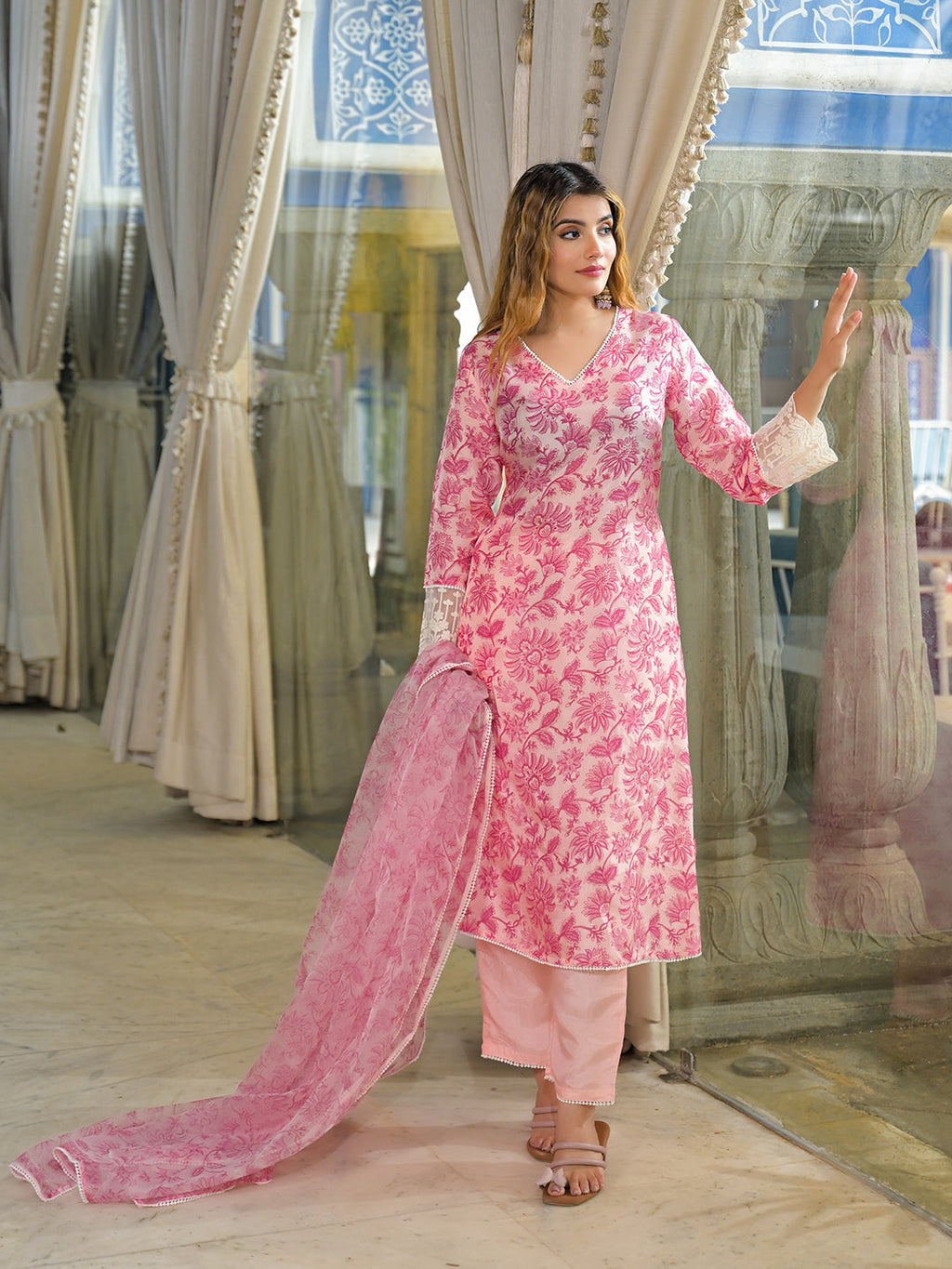 Divena Pink Hand Block Tussar Silk Straight Kurta Pant With Dupatta
