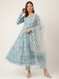 Divena Sky Blue Hand Block Floral Print Cotton Kurta, Trouser With Dupatta